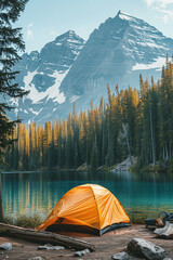 Wall Mural - beautiful mountain landscape with a tent in the background