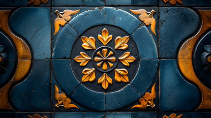 Wall Mural - Close Up of a Blue and Yellow Tile Wall