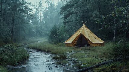 Wall Mural - a tourist tent  in the rainy foggy forest