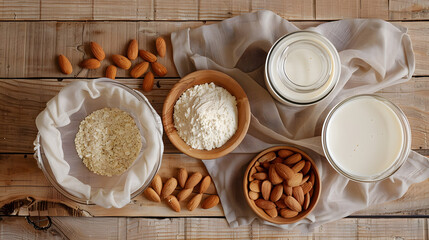 Almond Milk Preparation Ingredients on Wooden Background