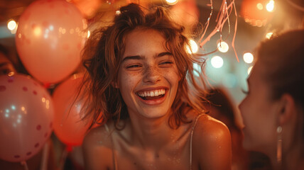 Wall Mural - Cheerful woman at a party on a background of balloons.