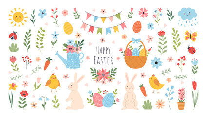 Wall Mural - Set of Easter and Spring design elements. Rabbit, eggs, chicken, butterfly, tulips, flowers, branches, basket. Perfect for holiday decoration and greeting cards. Vector illustration..