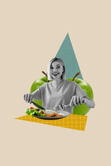 Poster - image collage sketch of positive cheerful girl eating tasty delicious food organic lunch isolated on