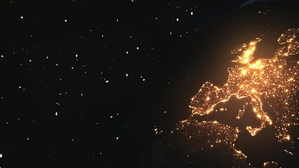 planet earth glowing at night. the earth seen from space at night. background of glowing earth at night with copy space. light of European cities shines in space