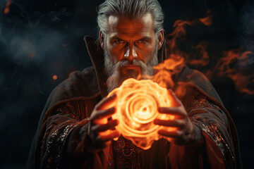 Wall Mural - digital generative ai collage image of wise wizard doing burning ritual spell