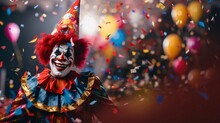 A Clown In A Colorful, Funny Costume All Around Smeared Balloons, Falling Colorful Confetti Banner With A Space For Its Own Content. Carnival Outfits, Masks And Decorations.