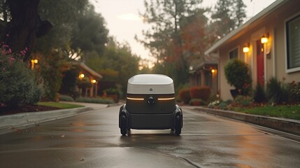 Poster - Modern robot drone performs storage and load parcel boxes to customers at home