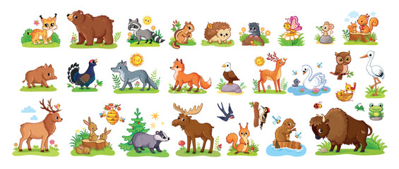 Wall Mural - Vector illustration with forest animals. Set of animals in cartoon style