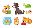 Vector set of cute home animal pet - cat, dog, hamster, turtle, guinea pig, and goldfish. Vector cartoon illustration Isolated