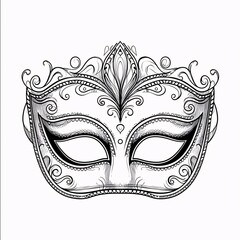 Wall Mural - Black and white carnival eye mask with decorations, white isolated background. Coloring sheet. Carnival outfits, masks and decorations.