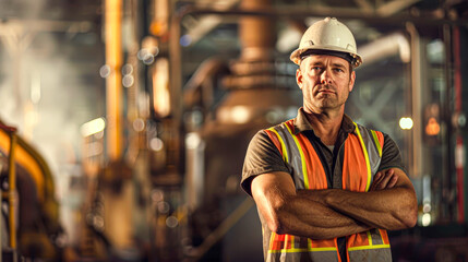 Poster - Confident industrial worker with hard hat and safety vest in a manufacturing plant.