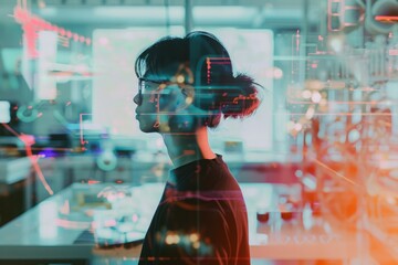 Poster - a man stands in front of a computer screen, carefully analyzing data and information, engineering pr