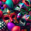 Colorful, carnival masks and balloons, top view. Carnival outfits, masks and decorations.