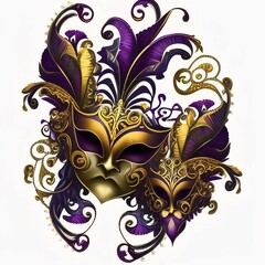 Wall Mural - Two gold purple masks with ornaments on white background. Carnival outfits, masks and decorations.