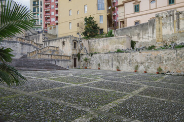 Wall Mural - Scenic panoramic view of historic old town downtown with historic building facades, parks, the church and cruise destination Messina, Italy close to Taormina on Sicily