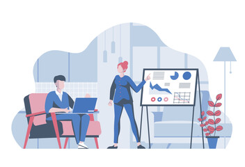 Poster - business meeting concept with cartoon people in flat design for web. colleagues analyzing and discus