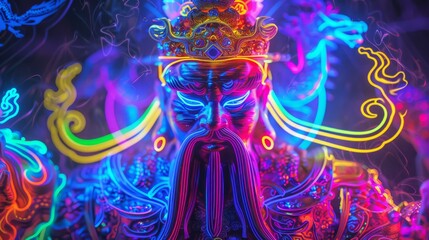 A dazzling image of the Chinese god of longevity Shou Xing illuminated in shimmering neon tones