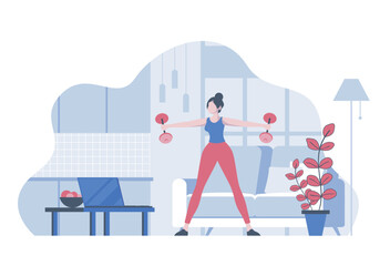 Aufkleber - Fitness at home concept with cartoon people in flat design for web. Woman doing exercise with dumbbells with video training lesson. Vector illustration for social media banner, marketing material.