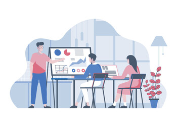 Poster - startup team concept with cartoon people in flat design for web. colleagues working at project, brai