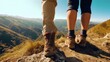 Healthy young couple running on mountain trail in morning. Trail running marathon fitness feet on rock fitness
