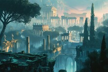 A Painting Capturing The Beauty Of A Historic City With Ruins And Lush Trees Illuminated By The Warm Afternoon Light, Fantasy City Inspired By Ancient Rome, AI Generated