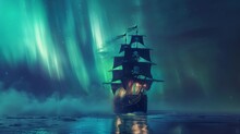 A Pirate Ship Sailing Under The Aurora Borealis With Its Jolly Roger Flag Fluttering In The Cold Breeze