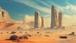 Vast desert with colossal stone monuments emerging from sands