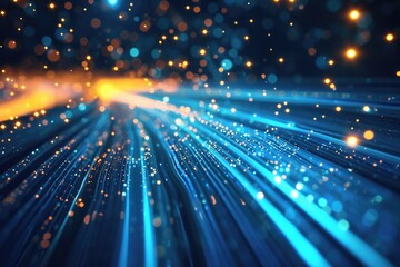 Poster - A photograph showcasing a lively blue and yellow background adorned with brightly lit lights, Fiber optic cables with light signals passing through, AI Generated