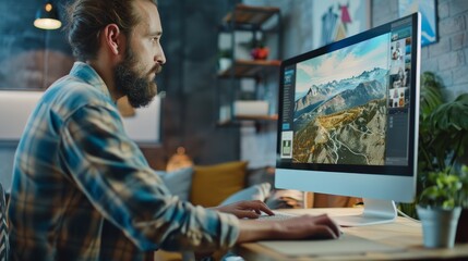 Poster - A handsome Caucasian male designer sits at a desk in an observation area of a creative living room working on a desktop computer. This freelance male is designing a digital graphics editing software
