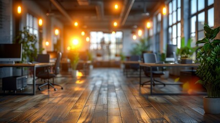 Poster - Empty, blurred open space office. Background design with abstract light bokeh.