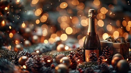 Canvas Print - The new year holidays card has a bright background, gifts, and a bottle of champagne to wish you a happy new year 2024