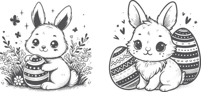 Title: Set different rabbits silhouettes, isolated on background for design use. Bunnies as decorative elements