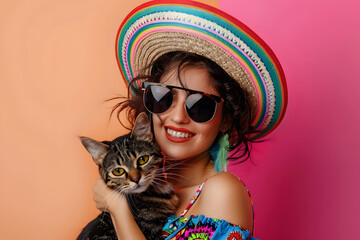 Wall Mural - Happy young woman and cute cat in sunglasses and sombrero hat on pastel summer background.