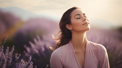 Calm woman relaxing meditating, no stress free relief at work concept, mindful peaceful young businesswoman or student practicing breathing yoga exercises on isolated over lavender background