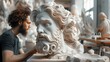 A sculptor in a workshop, using a 3D modeling software to design intricate sculptures before bringing them to life with a 3D printer
