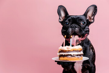 Wall Mural - Cute dog holding birthday cake for celebration.