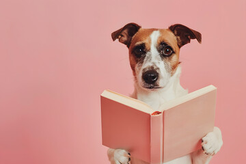 Wall Mural - Funny cute dog reading book isolated on pastel background.