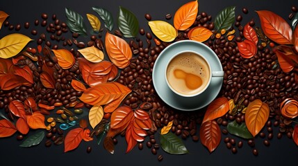 Wall Mural - Colourful bright pattern made of  leaves, berries and coffee beans with coffee cup