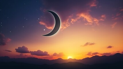 Wall Mural - Crescent moon with beautiful sunset background . Generous Ramadan