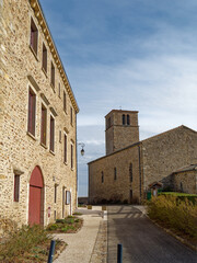 Wall Mural - View of the back of the Church of the Conversion of Saint Paul and the City Hall, medieval city of Riverie, France