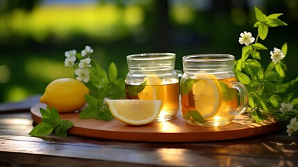 Wall Mural - Herbal teas with lemon and thyme on the garden table