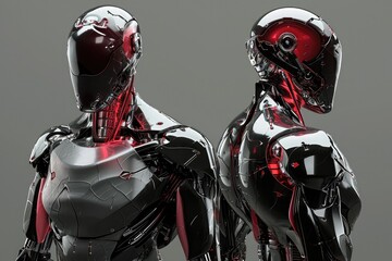 A pair of robots, one red and one blue, standing stationary next to each other in a well-lit room, Futuristic anatomy of cyborg with internal view, AI Generated