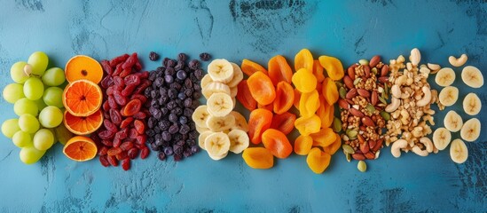 Canvas Print - An artful display of fruits and nuts on a vibrant electric blue table, arranged in a pleasing rectangle. The colorful mix includes petals, circles, and various fashion accessory shapes.