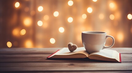 Wall Mural - Old vintage books and cup with heart shape on wooden table