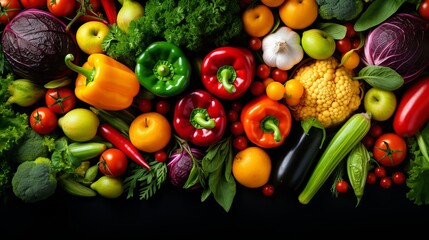  Panoramic food background with assortment of fresh organic fruits and vegetables in rainbow colors