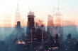 This photo showcases a cityscape with a vibrant array of towering buildings and a bustling urban environment, Futuristic city skyline construction visualized through double exposure, AI Generated