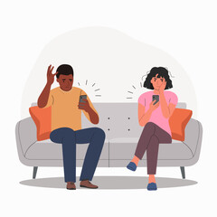 Wall Mural - Man and woman looking in the smartphone and experiences fear, fright, stress on the sofa. Flat style cartoon vector illustration.