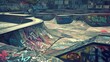 A dynamic urban skatepark texture background, featuring graffiti-tagged ramps and the vibrant culture of skateboarding.