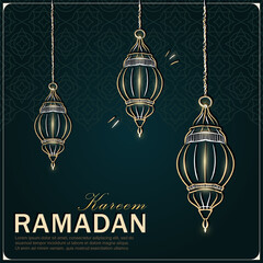 Wall Mural - Ramadan Kareem greeting card with golden hand drawn linear traditional Muslim lanterns on green background with Arabic arabesque pattern and greeting text. Eid Mubarak banner with outline hanging lamp