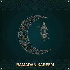 Wall Mural - Ramadan Kareem green greeting card with hand drawn linear golden crescent moon and shiny Arabic lantern. Square banner with outline Muslim crescent, lamp and arabesque pattern as frame for Eid Mubarak